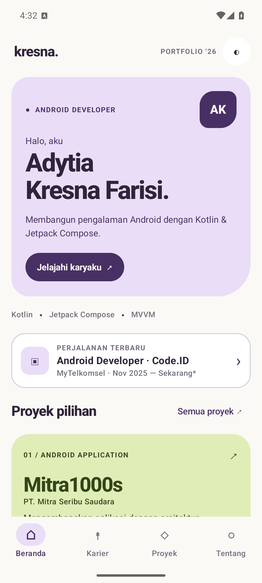 Beranda aplikasi Kresna Portfolio