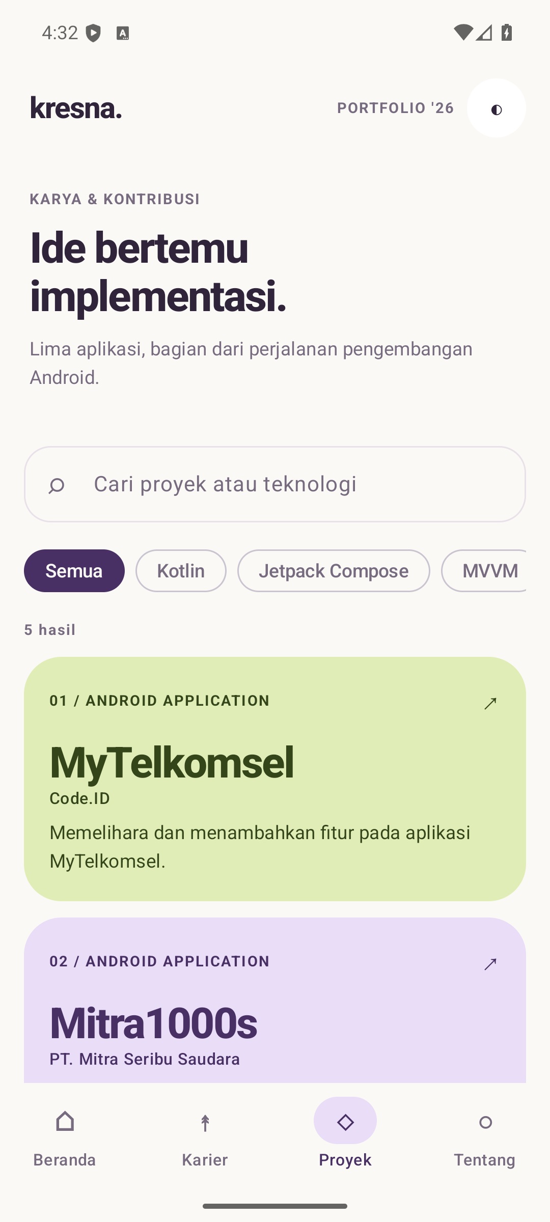 Halaman proyek pada aplikasi Kresna Portfolio